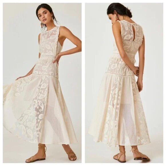 Beatrice. B Cream Midi Paisley Crochet Dress Size US 4/S - Picture 1 of 16